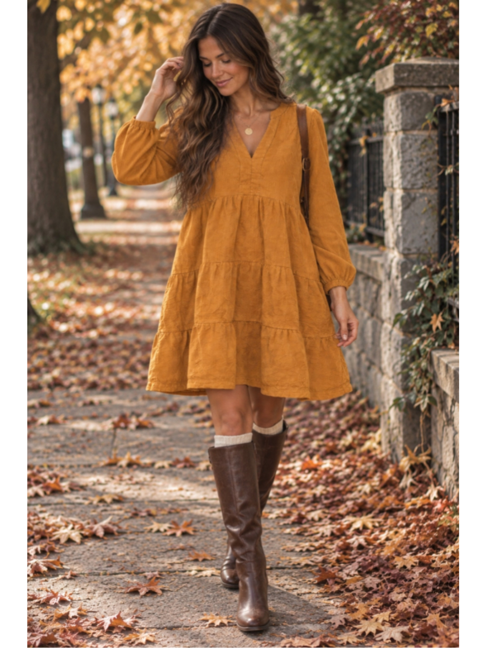 Lucky Brand Corduroy Tiered Babydoll Mini Dress Brown Orange M